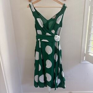 ANMOL Green and white polka dot midi dress with wrap detail size 12 retro